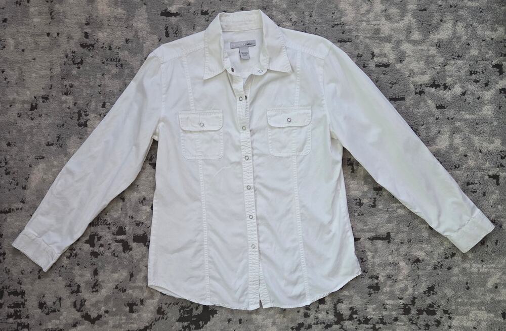 Chico's Platinum White Cotton Utility Button-Down Shirt Western Streetwear